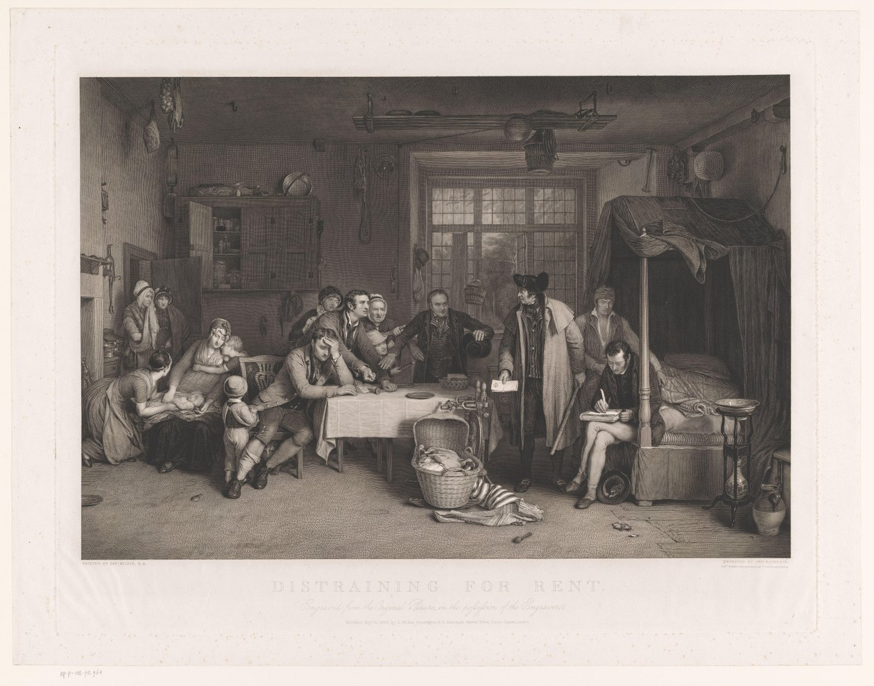 Sobert interiør med mænd, der beslaglægger en families ejendom Udlæg til leje (betegnelse på objekt) af Abraham Raimbach