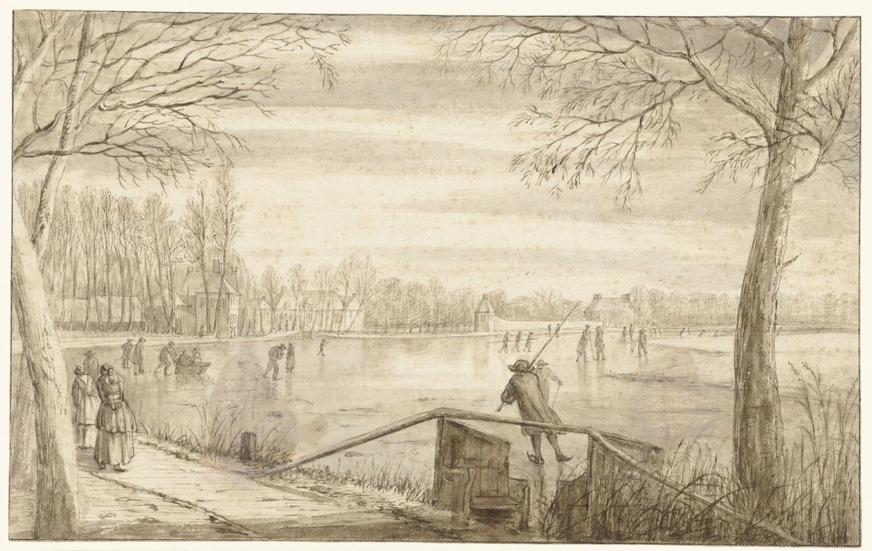 Skatere på floden Vecht, nær Maarssen, med ejendommene Daelwijck og Vechthoven i det fjerne af Abraham Rutgers