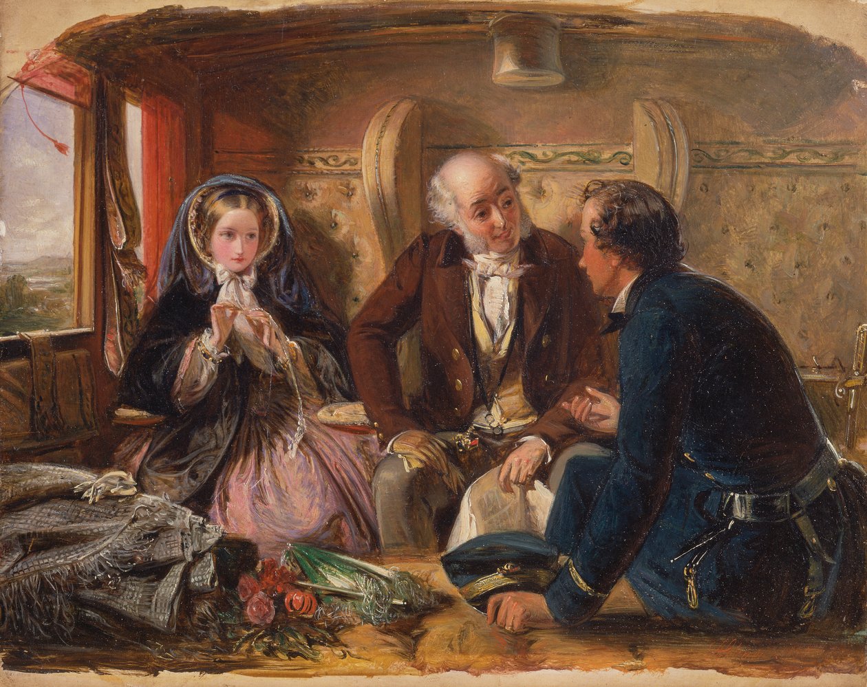 Første klasse – mødet. "Og ved første møde elsket." [1854, Royal Academy of Arts, London, udstillingskatalog] af Abraham Solomon