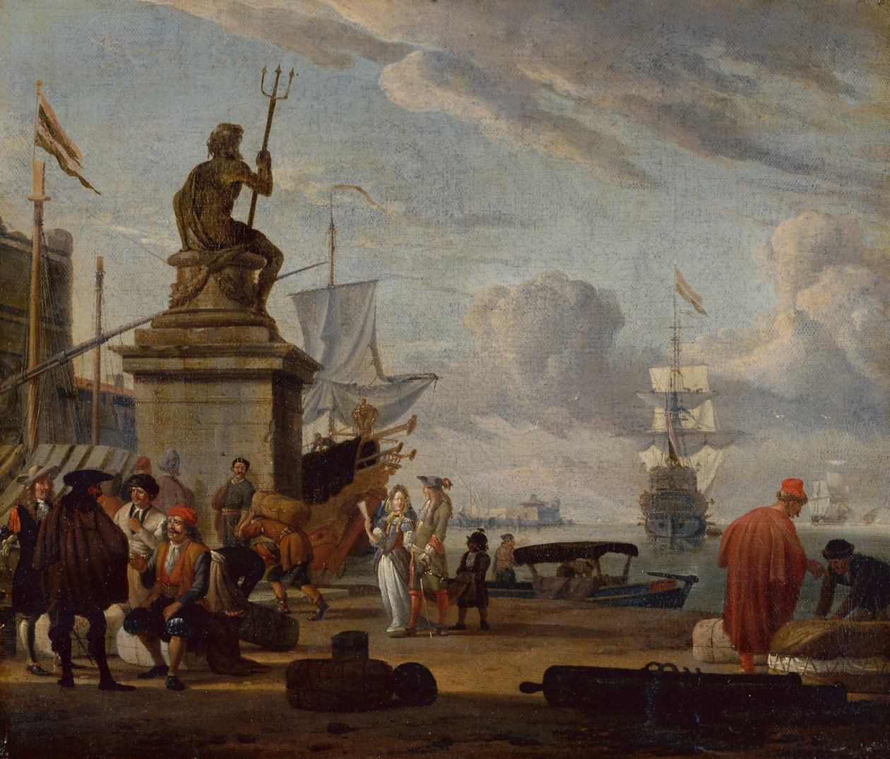 En Capriccio Middelhavshavn med elegante figurer og købmænd af Abraham Storck
