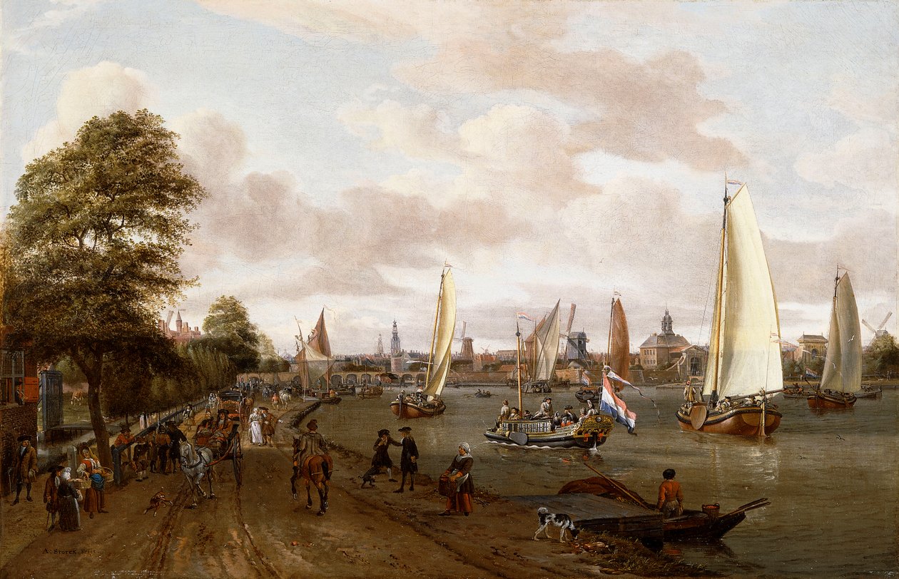 En panoramaudsigt over Amsterdam med en pram og småskibe på Buiten-Amstel, af Abraham Storck