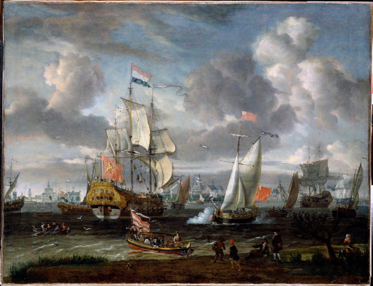 En engelsk yacht, der hilser på et hollandsk krigsskib i Rotterdams havn  af Abraham Storck