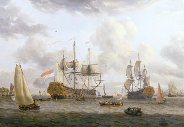 Hollandsk forsendelsesscene i en bred flodmunding (olie på lærred) af Abraham Storck