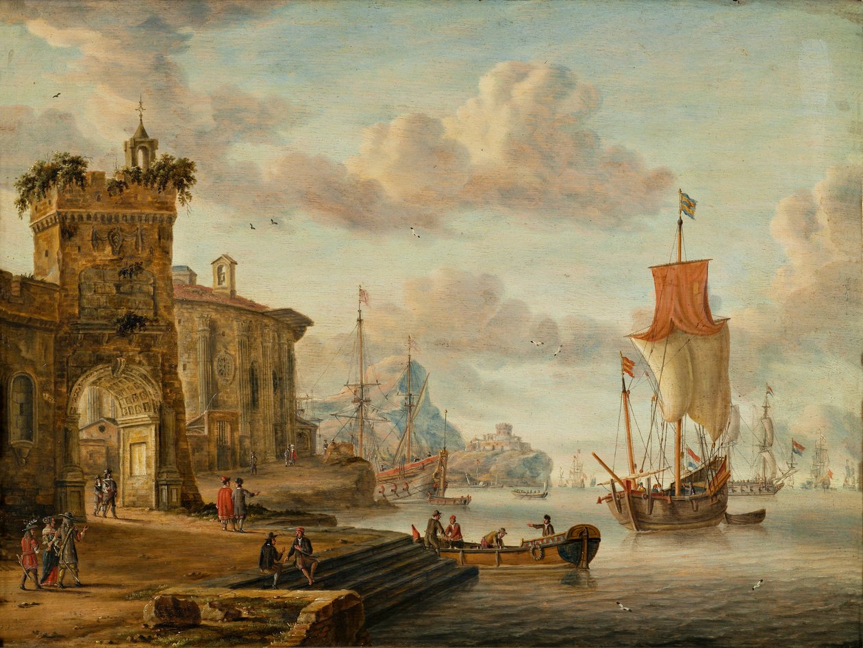 Havnescene med gamle ruiner af Abraham Storck