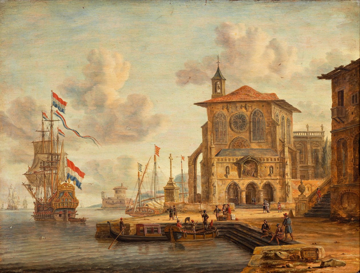 Havnescene med middelalderlig bygning af Abraham Storck