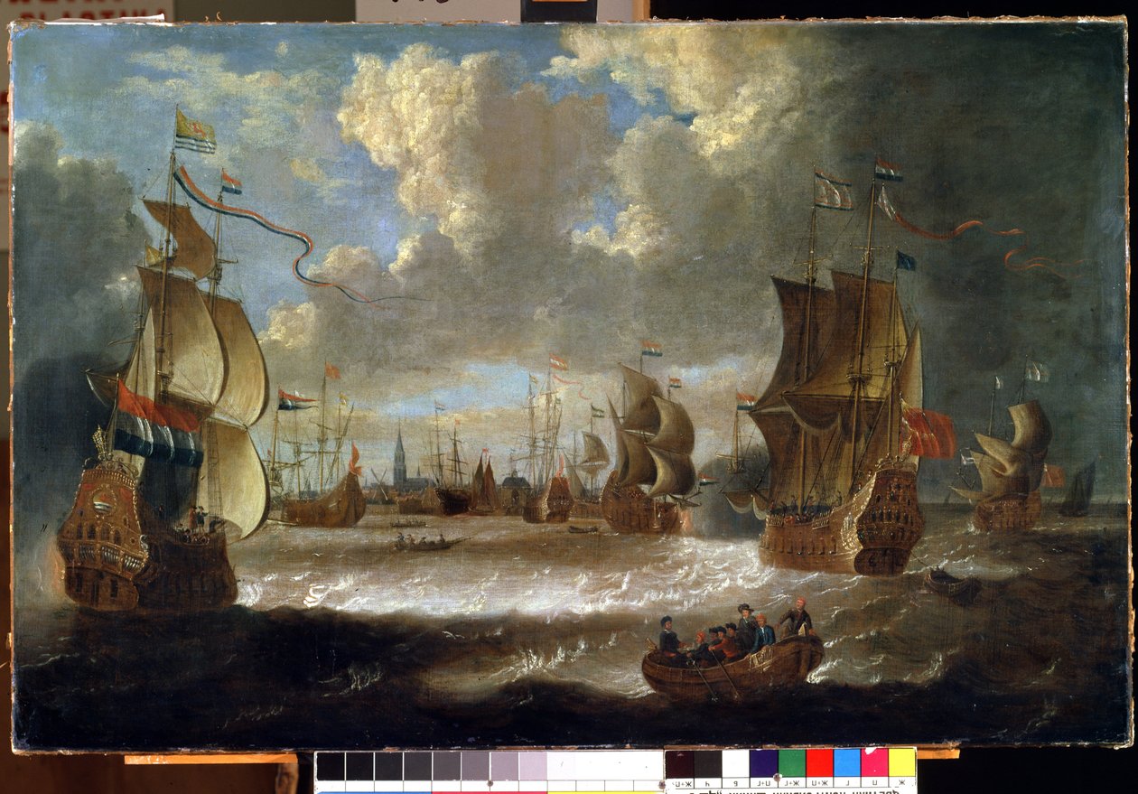 Skibe i en lagune (Skibe i en lagune). Maleri af Abraham Storck (1635-1710). Olie på lærred af Abraham Storck
