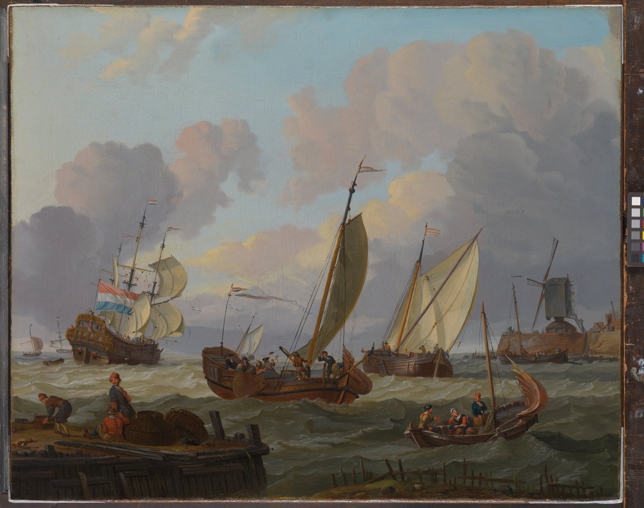Skibe passerer en vindmølle, ca. 1690 (olie på lærred) af Abraham Storck