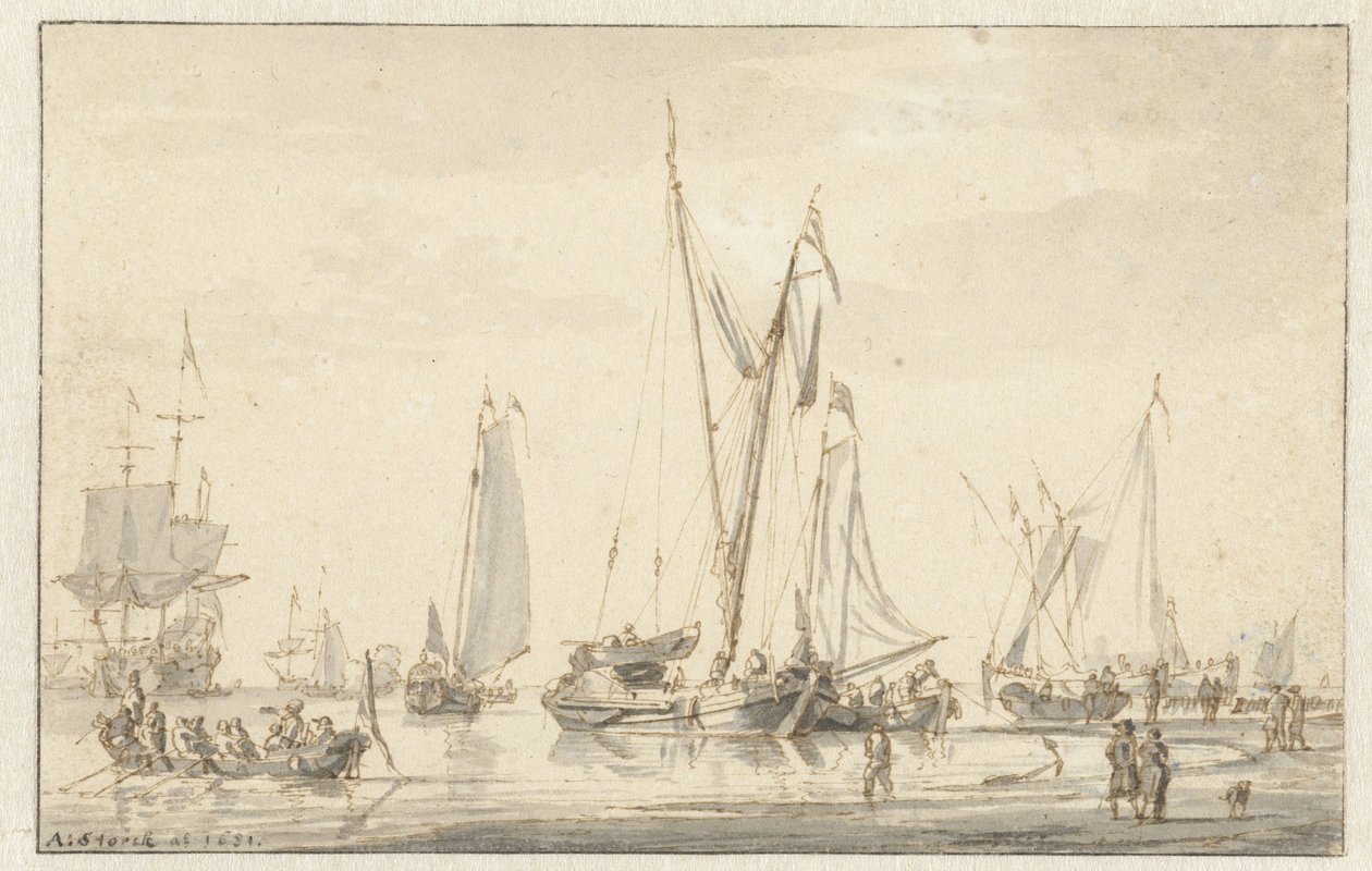 Strandudsigt med fortøjede skibe af Abraham Storck