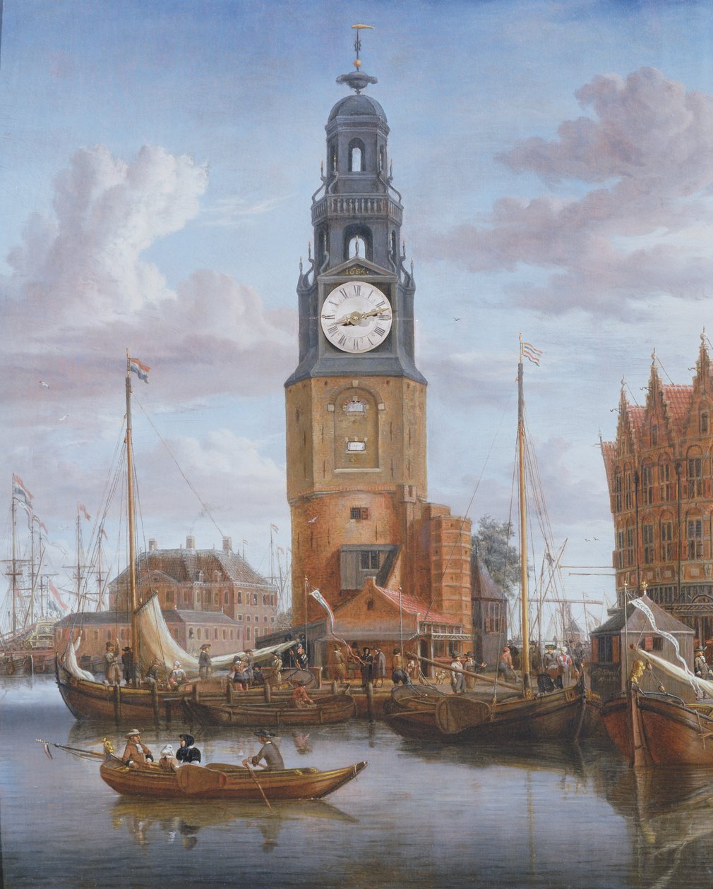 Udsigt over Haringspackertårnet i Amsterdam, med en urskive indfældet i maleriet, 1684 (panel) af Abraham Storck