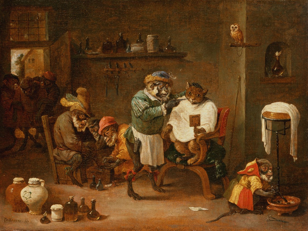 A Cat in a Barber Shop drevet af Monkeys (olie på lærred) af Abraham Teniers