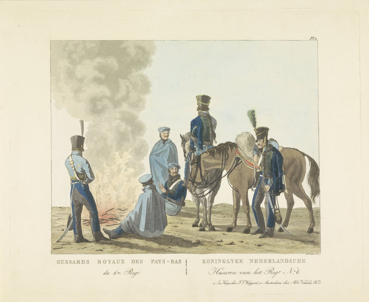 Husarer af 6. Regiment, 1820-1825 Hussards Royaux des Pays-Bas du 6m. ret. / Koninglyke Nederlandsche Husaren af ​​Regt. ingen. 6 (titel på objekt) af Abraham Vinkeles