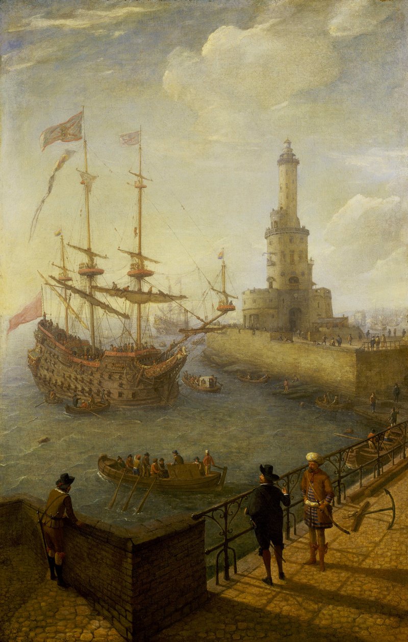 Et spansk tremastet skib ligger for anker ud for Napolis (Italien) kyst, set fra en brolagt mole i byen, mod fyrtårnet og bygningerne i middelhavshavnen. af Abraham Willaerts