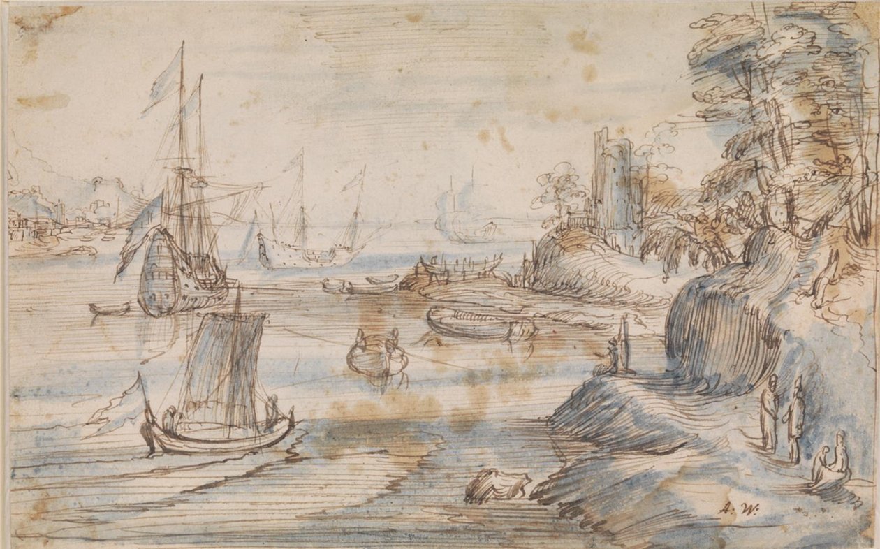 Kystlandskab med flere skibe, en høj kyst med flere figurer af Abraham Willaerts