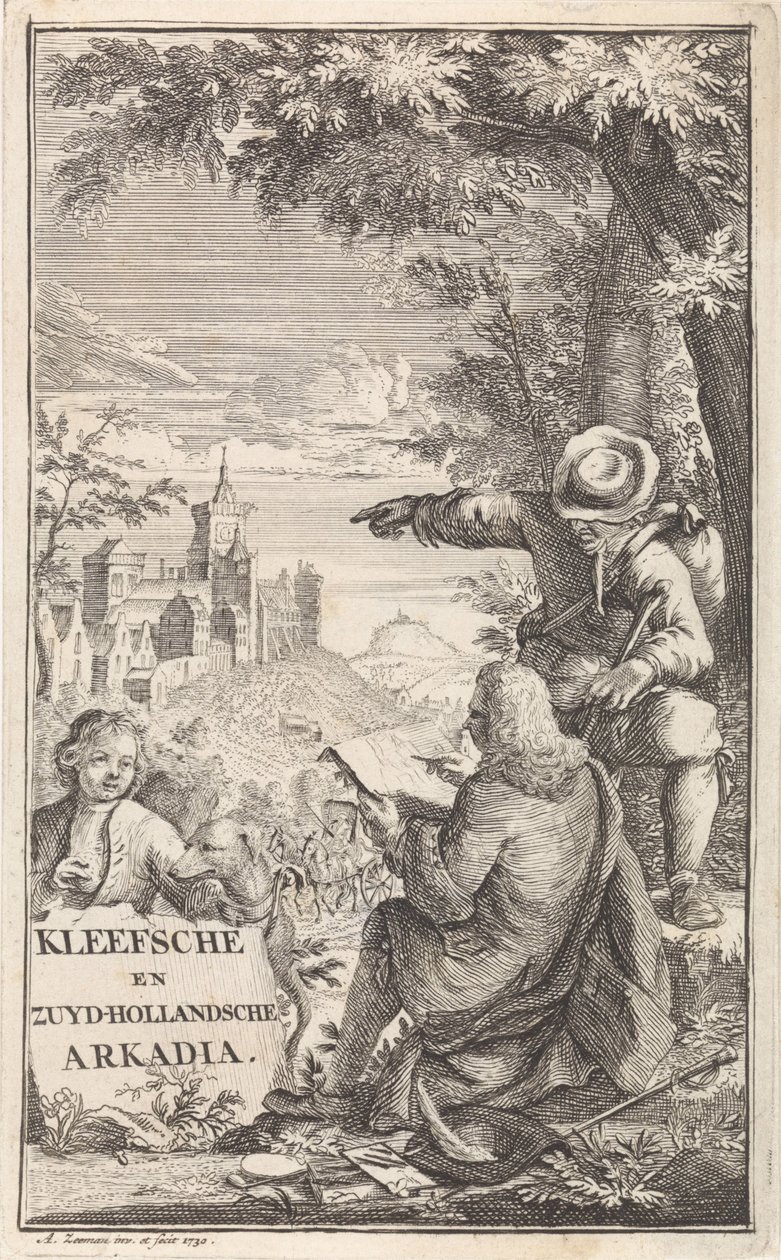 Rejsende tegner byen Kleve Titelside for: C. Bruin, Kleefsche og Zuid-Hollandsche Arkadia (...), 1730 af Abraham Zeeman