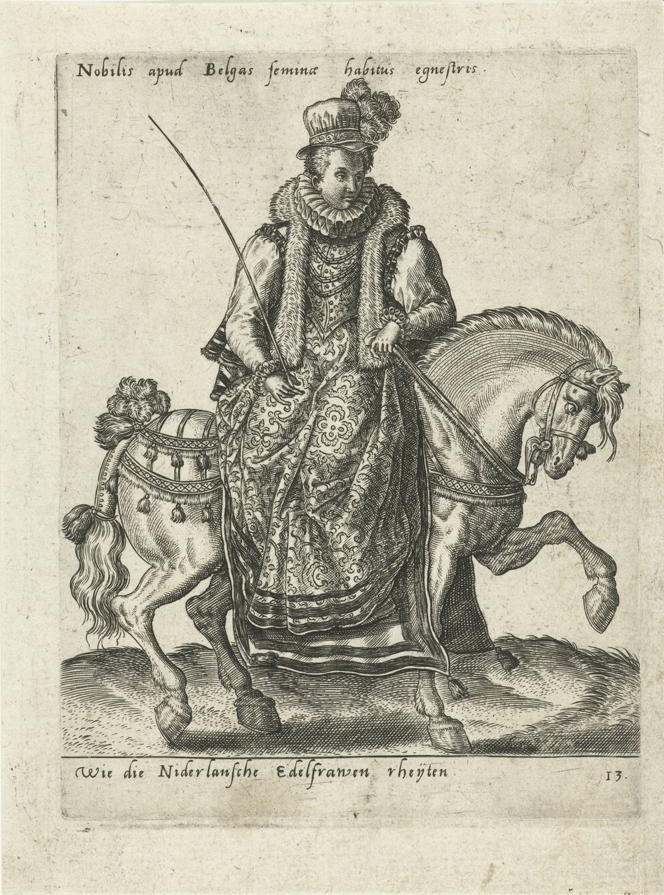 hollandsk adelsdame til hest af Abraham de Bruyn (attributed to)