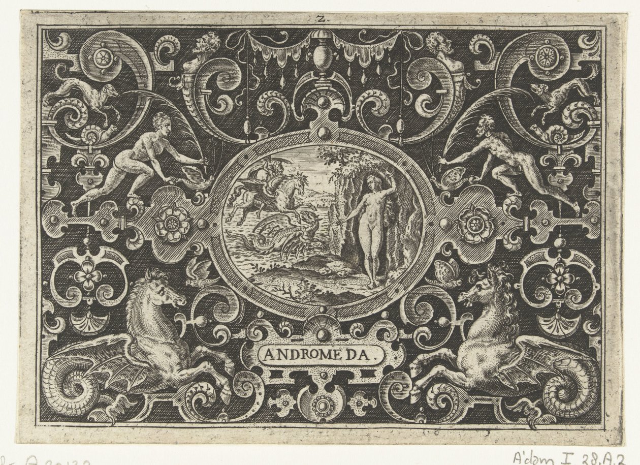 Cartouche: Perseus befrier Andromeda ANDROMEDA (titel på objekt) af Abraham de Bruyn
