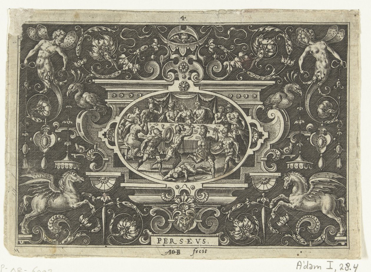 Cartouche: Phineus forstyrrer Perseus og Andromedas bryllup PERSEUS (titel på objekt) Ovale kartoucher med scener fra Perseus