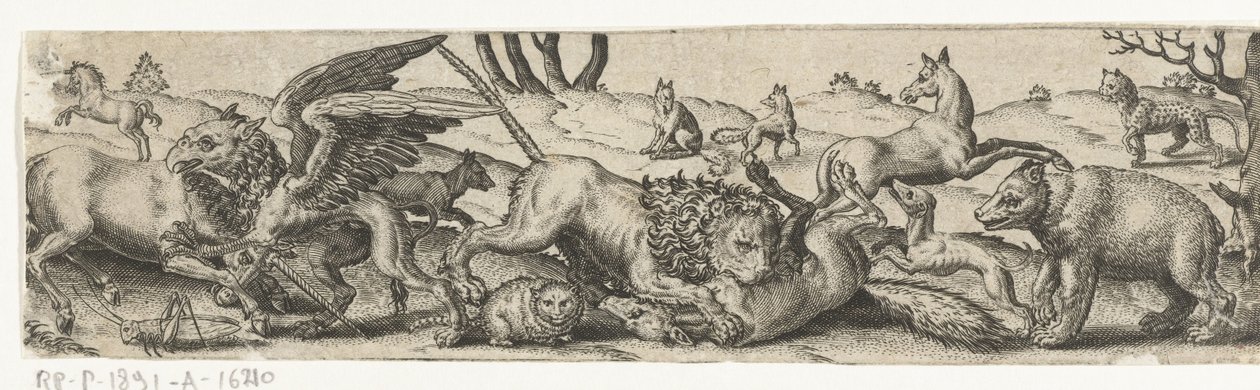 Kamp mod dyr i et landskab. af Abraham de Bruyn
