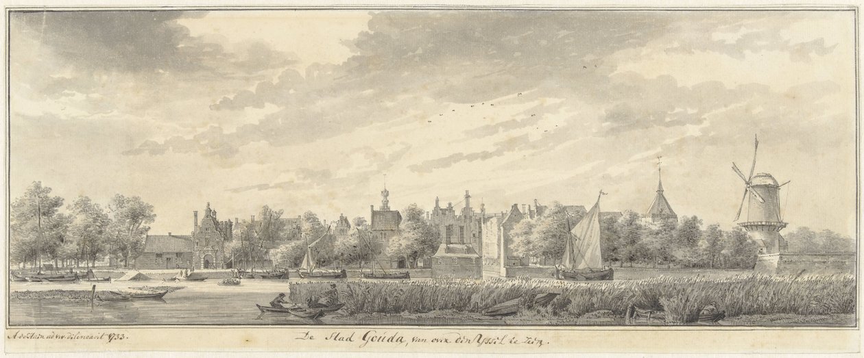Udsigt over Gouda fra den anden side af IJssel af Abraham de Haen (II)