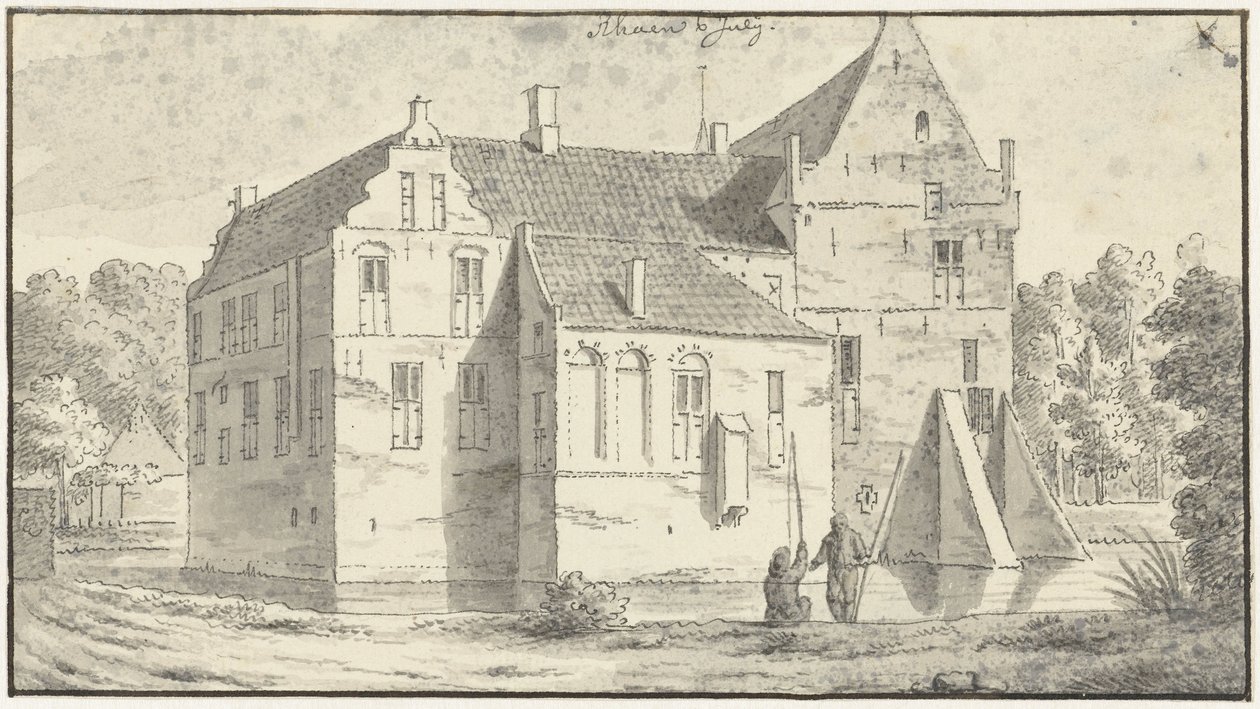 Rhaens hus i Overijssel, to lystfiskere foran af Abraham de Haen (II)
