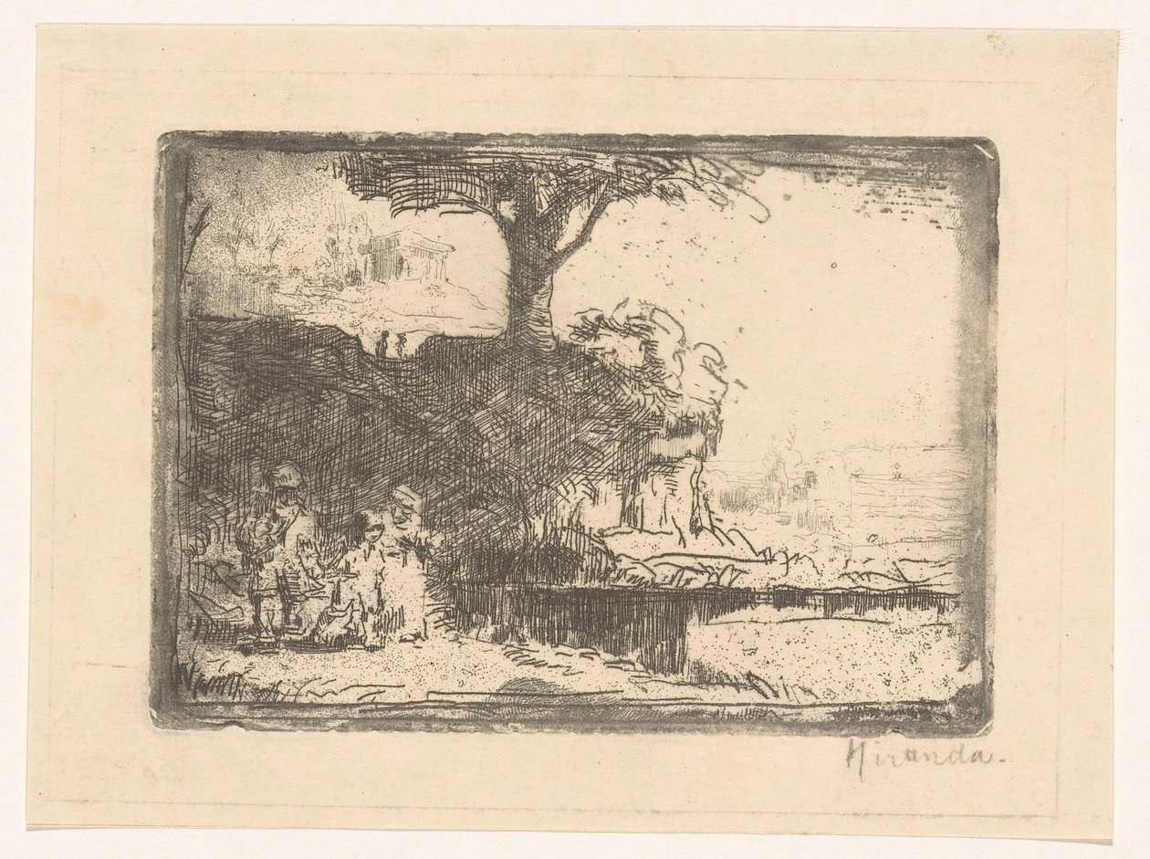 Landskab med tre figurer af Abraham de Miranda (signed by artist)