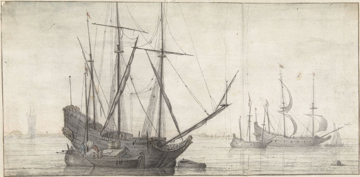 Sejlskibe på stille vand nær kysten af Abraham de Verwer (possibly)