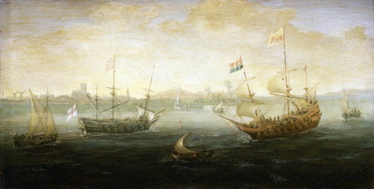 En hollandsk og en britisk båd med Stuart-flag sejler ud for en havn, der ses i horisonten, omgivet af forskellige små både. af Abraham de Verwer