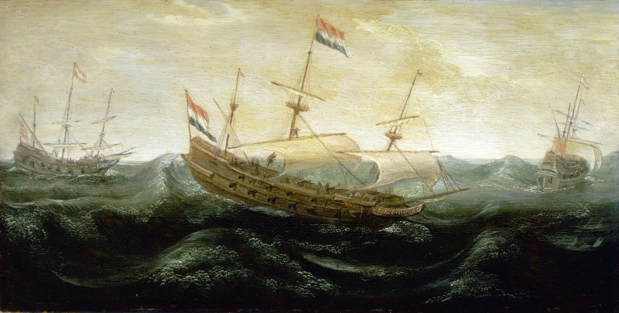 Et hollandsk skib sejler på et meget oprørt hav med reducerede sejl, hvor vinden suser ind. Olie på kobber, ca. 1625, af Abraham de Verwer (ca. 1585-1650). af Abraham de Verwer