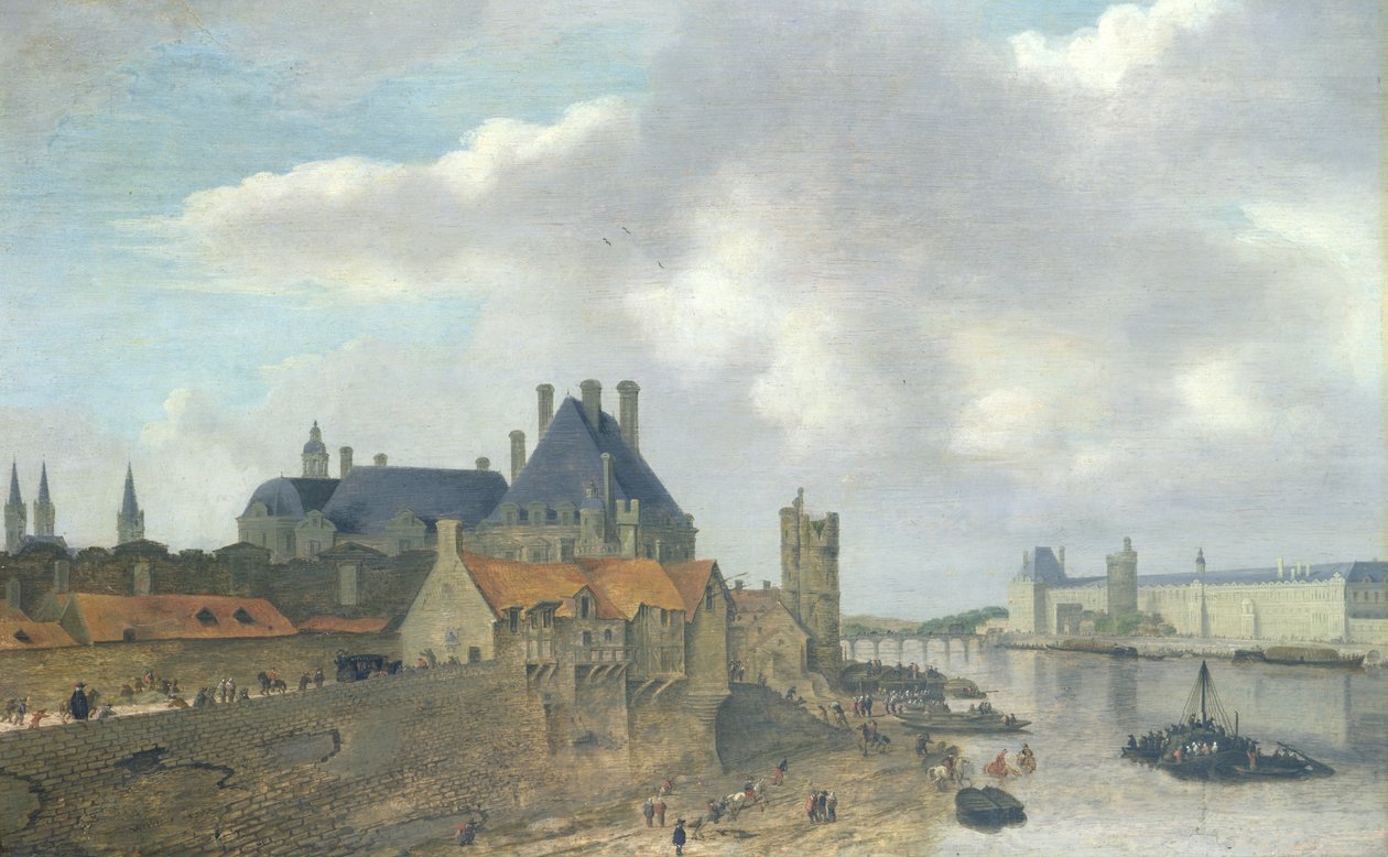 Nevers Hotel og Louvre Palace, 1637 (olie på træ) af Abraham de Verwer