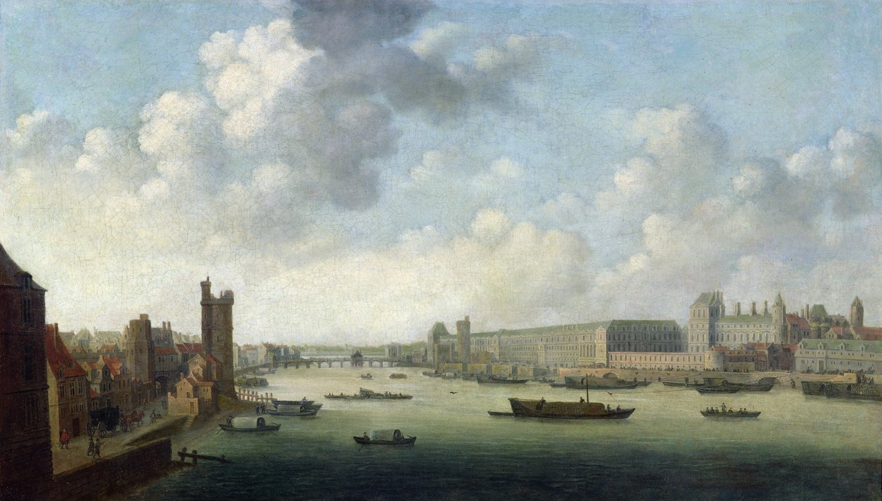 Perspektivisk udsigt over Paris perspektivisk udsigt over Paris fra Barberbroen nedstrøms, forestiller Hôtel Bourbon, Louvres Grande Galerie, ca. 1640 af Abraham de Verwer