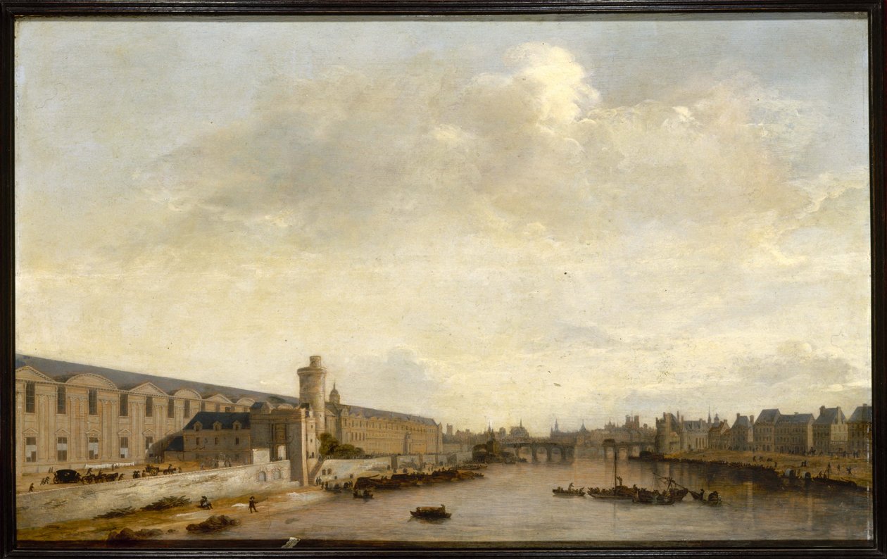 Grande Galerie du Louvre med Porte Neuve og Tour de Bois, ca. 1640 (olie på træ) af Abraham de Verwer