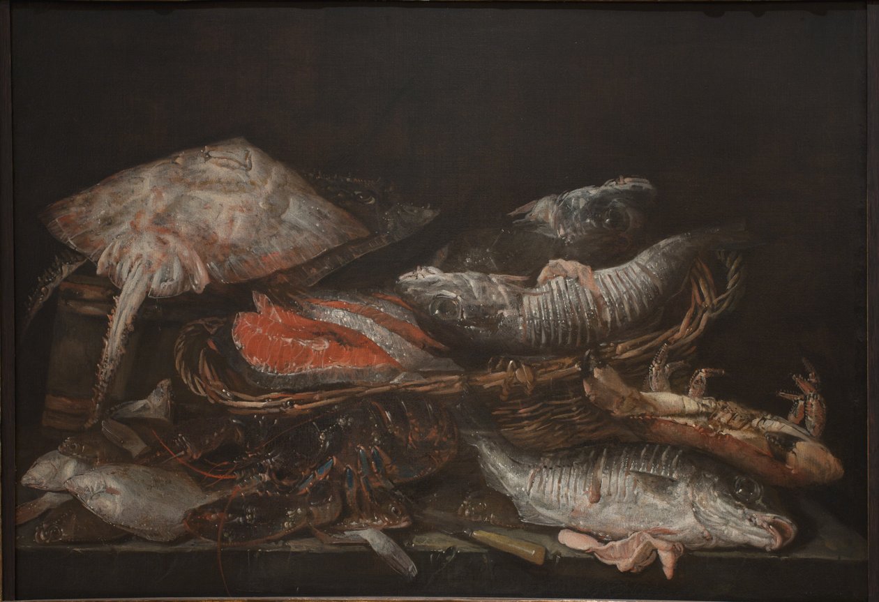 Stilleben med fisk på et stenbord af Abraham van Beijeren