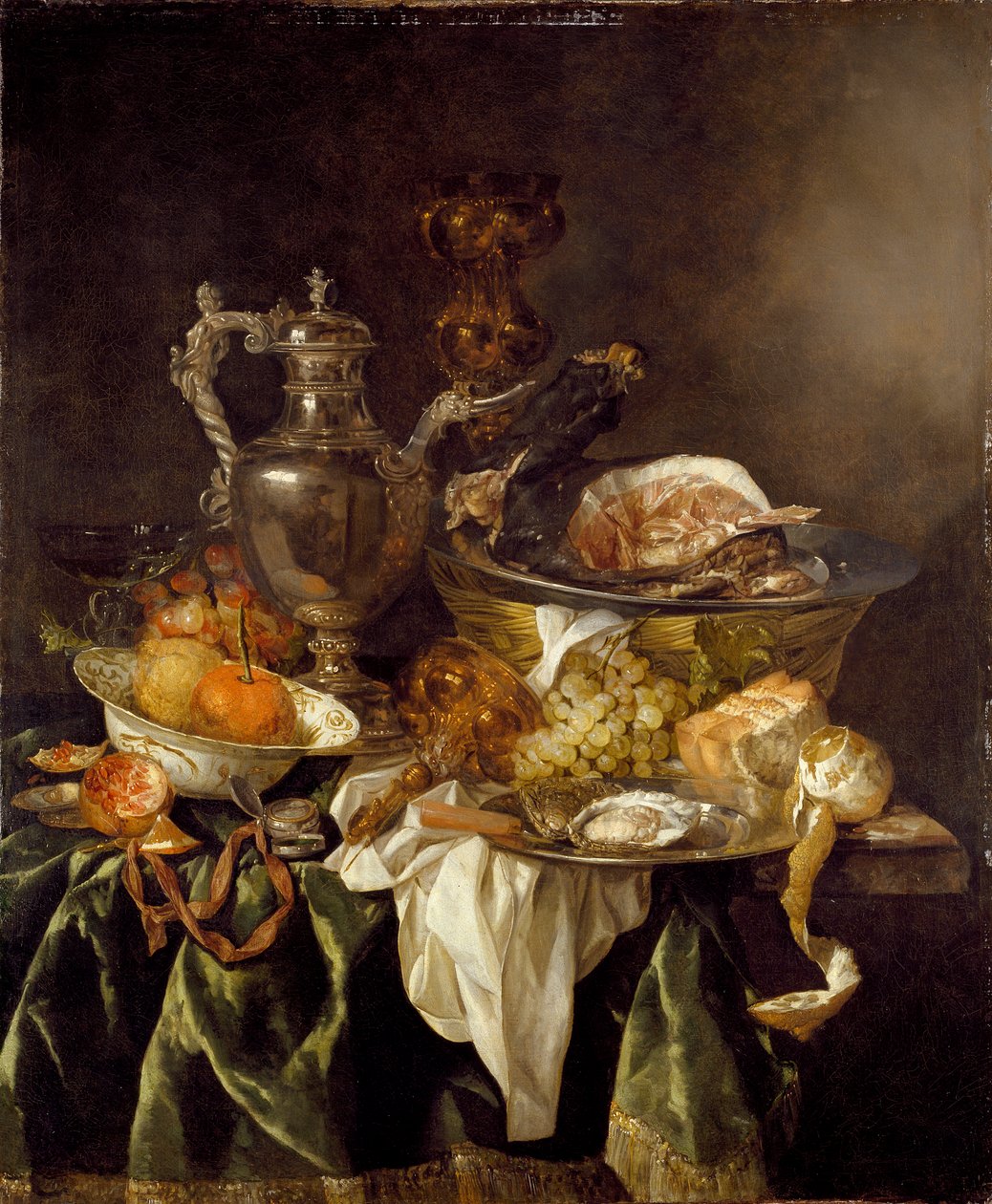 Stilleben med en sølvvinkrukke og et reflekteret portræt af kunstneren, c1657 af Abraham van Beyeren