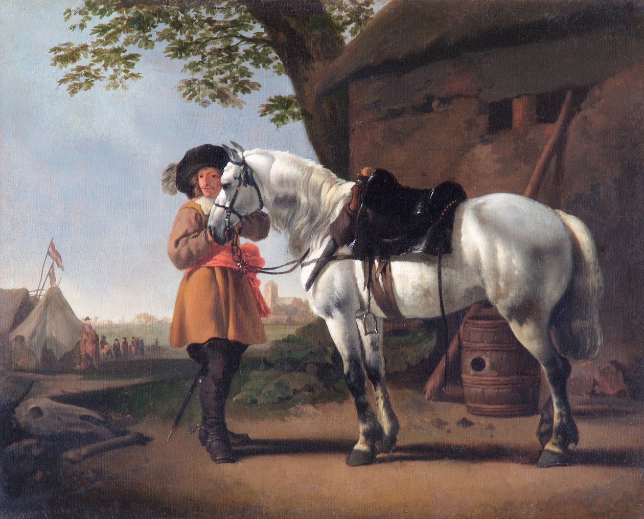 En kavaler med en grå hest (olie på lærred) af Abraham van Calraet