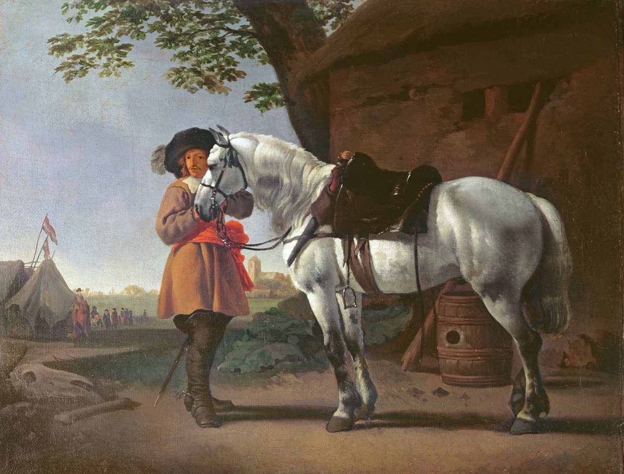 En kavaler med en grå hest af Abraham van Calraet