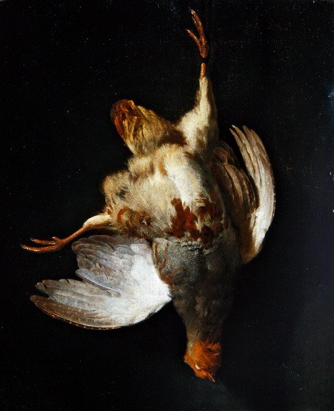 Et stilleben med en agerhøne hængende i et søm (olie på panel) af Abraham van Calraet