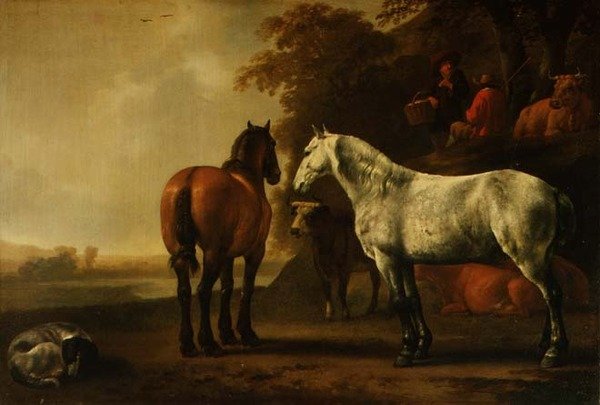 Heste og kvæg i et landskab (panel) af Abraham van Calraet