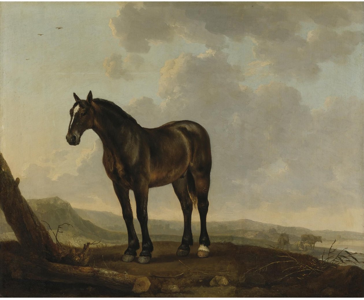 Portræt af en brun hest i et landskab af Abraham van Calraet