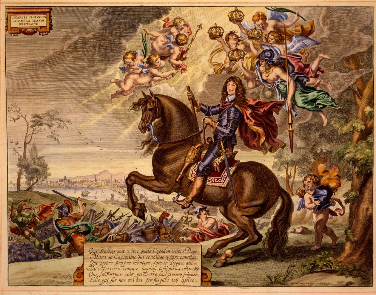 Charles II med en dedikation på fransk, med Old London Bridge i baggrunden, fra The Method and New Invention of Dressing Horses af William Cavendish, udgivet 1737 (2nd edn) (akvatint) af Abraham van Diepenbeeck