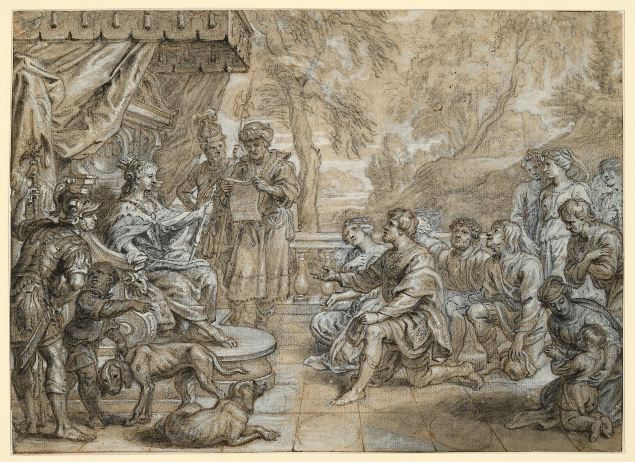 En dronning med hermelinskåbe og scepter (Semiramis?) på en trone, foran hende knæler en gruppe mænd og kvinder af Abraham van Diepenbeeck