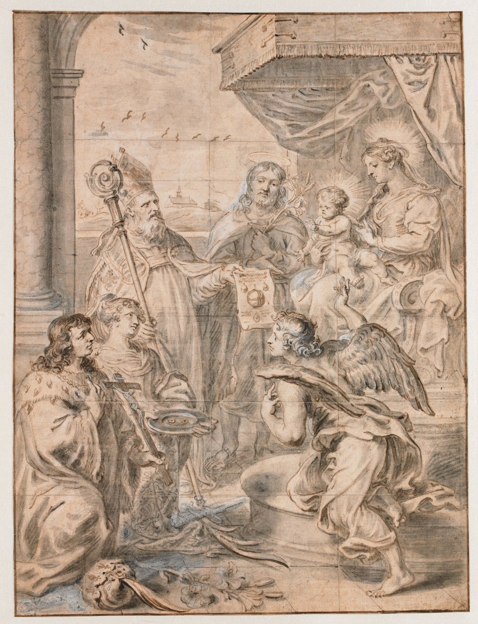 Maria med barn på tronen tilbedt af tre helgener af Abraham van Diepenbeeck