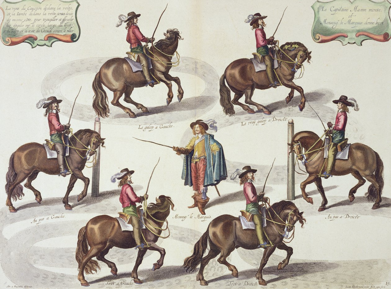 Markisen af Newcastle giver kaptajn Mazin en ridelektion, plade 15 fra The Method and New Invention of Dressing Horses af William Cavendish (1592-1676) Marquis of Newcastle, indgraveret af Lucas Vo af Abraham van Diepenbeeck