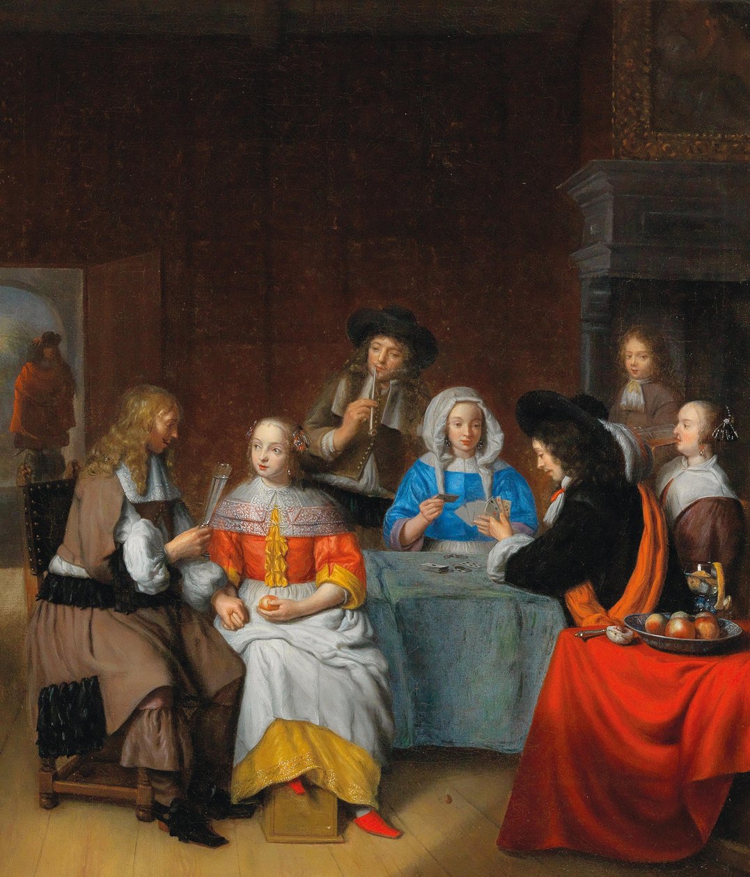 Interiør med et elegant samfunds spillekort, 1660