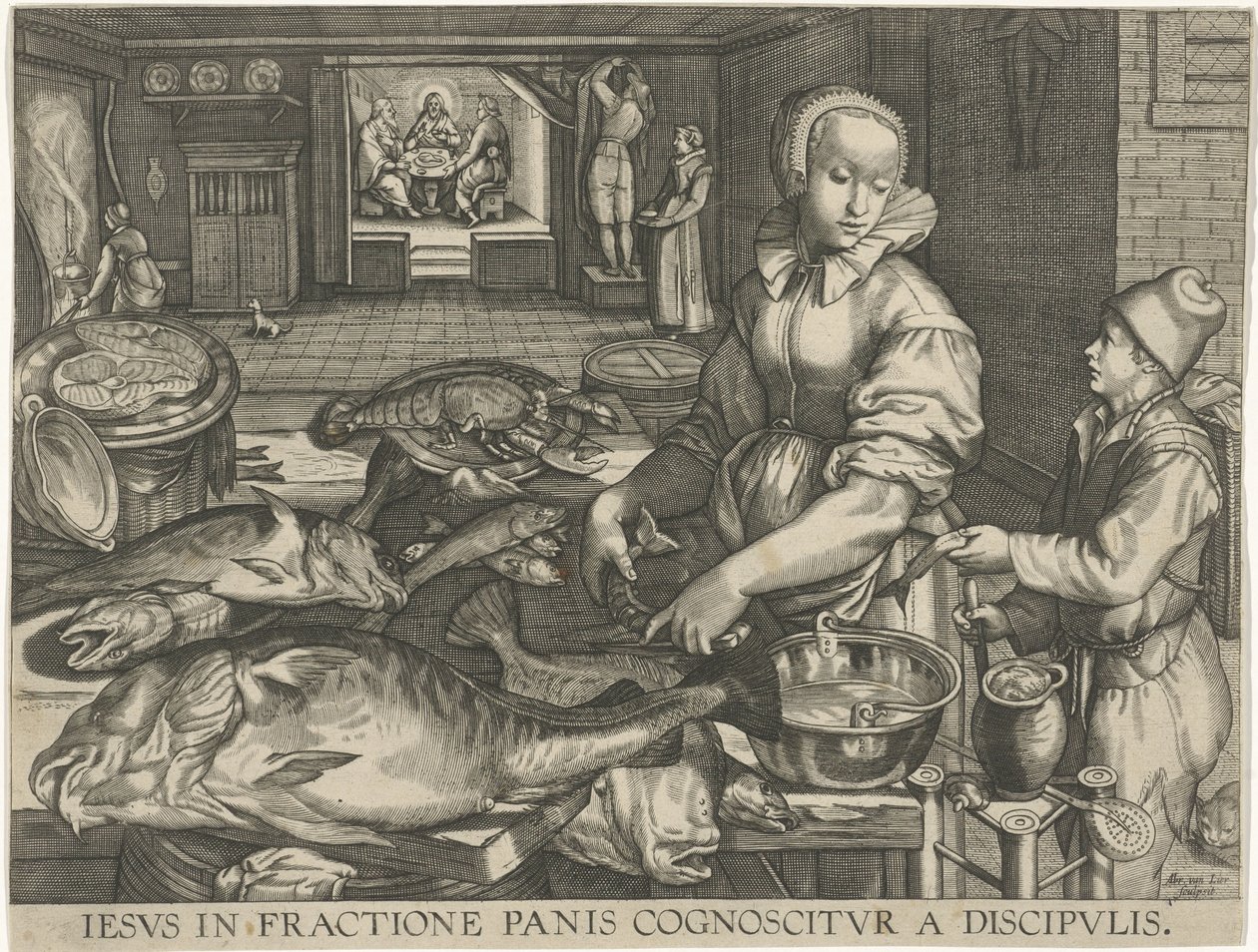 Keukenstuk met kvinde die wis schoonmacht Jesus genkendes af disciplene ved brødets brydning (titel på objekt) af Abraham van Lier