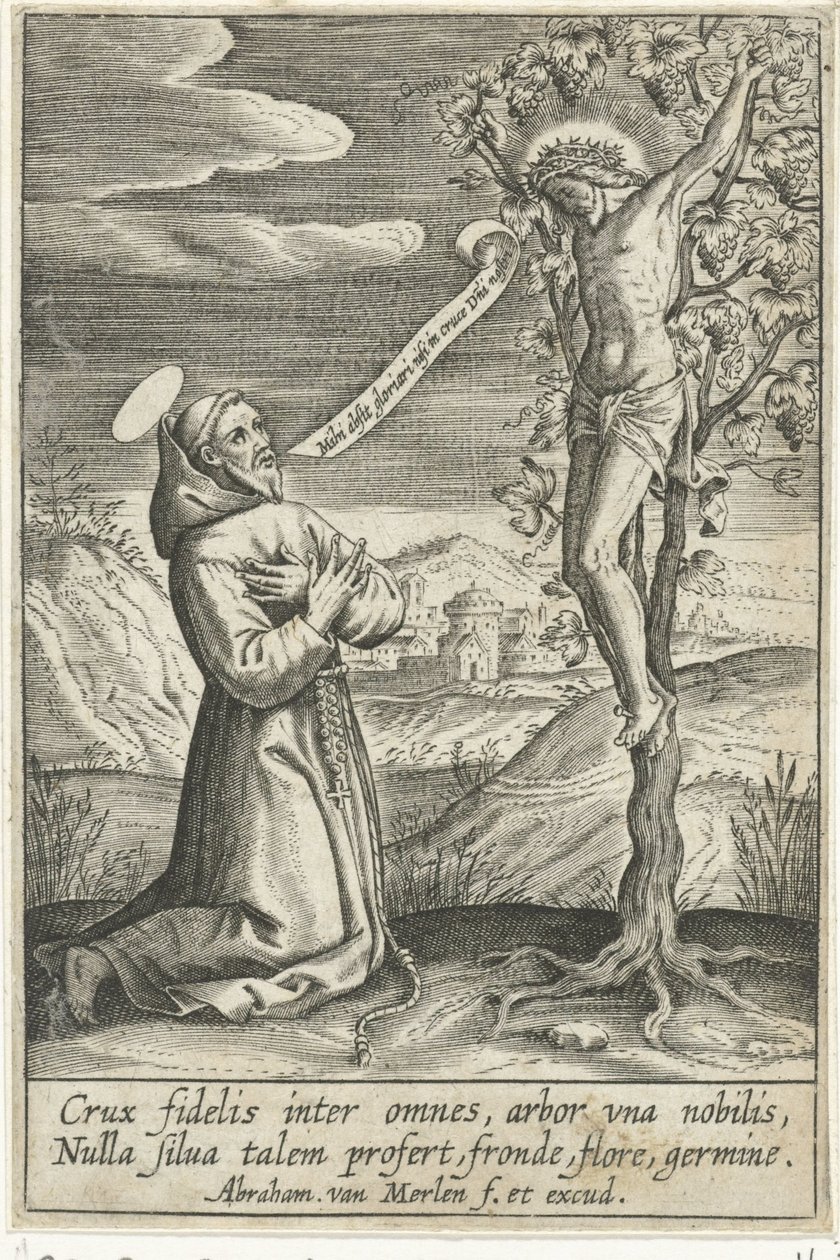 Knælende helgen før Kristus på korset af Abraham van Merlen