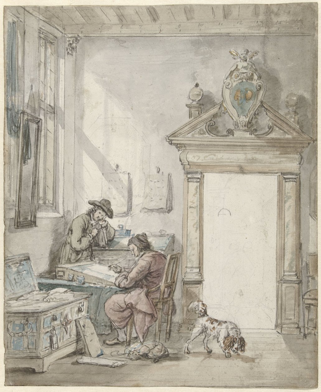 Interiørscene med en skrivende mand ved et skrivebord af Abraham van Strij (I)