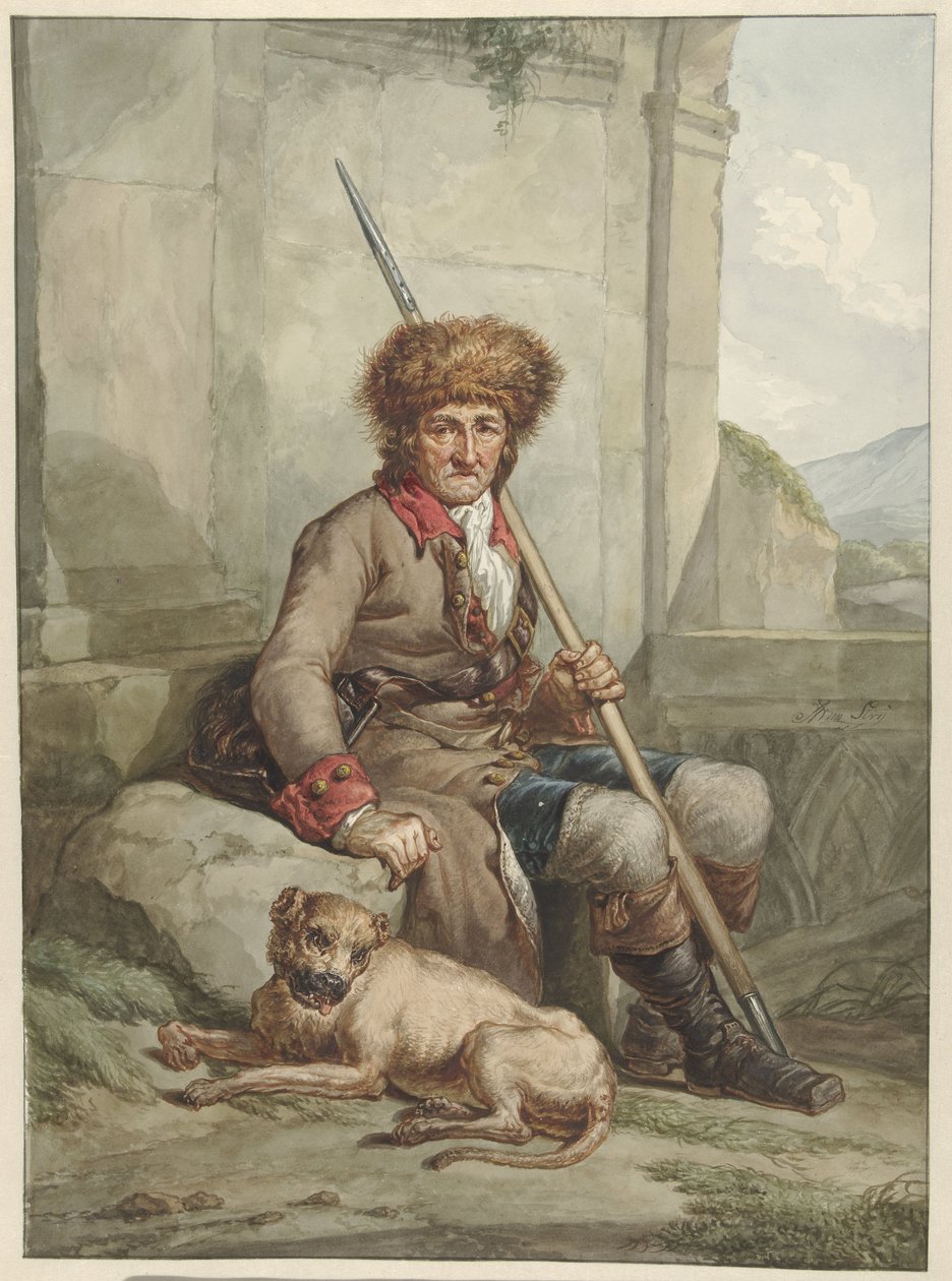 Siddende jæger med pelshat, spyd og græstaske af Abraham van Strij (I)