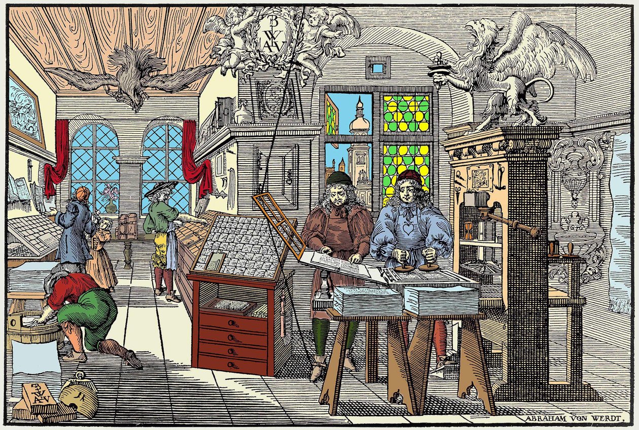 Interiør af en trykkeri i Nürnberg, Tyskland: arbejdere på arbejde, begyndelsen af det 17. århundrede - grav. af Abraham van Werdt. af Abraham van Werdt