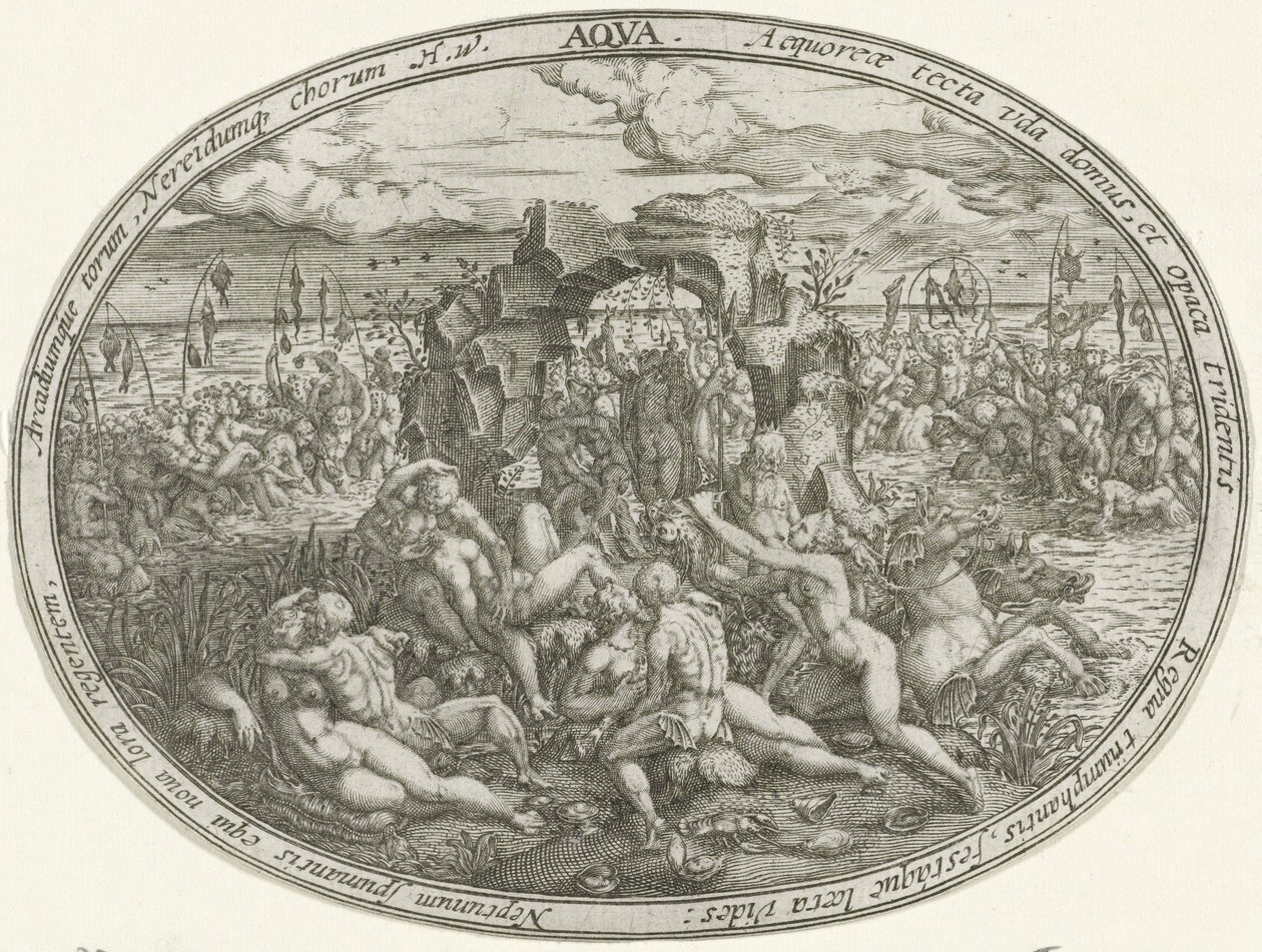 Neptun med Nereider og Tritoner: Vandets element Aqua (titel på objekt) De fire elementer (serietitel) af Abraham van den Hecken