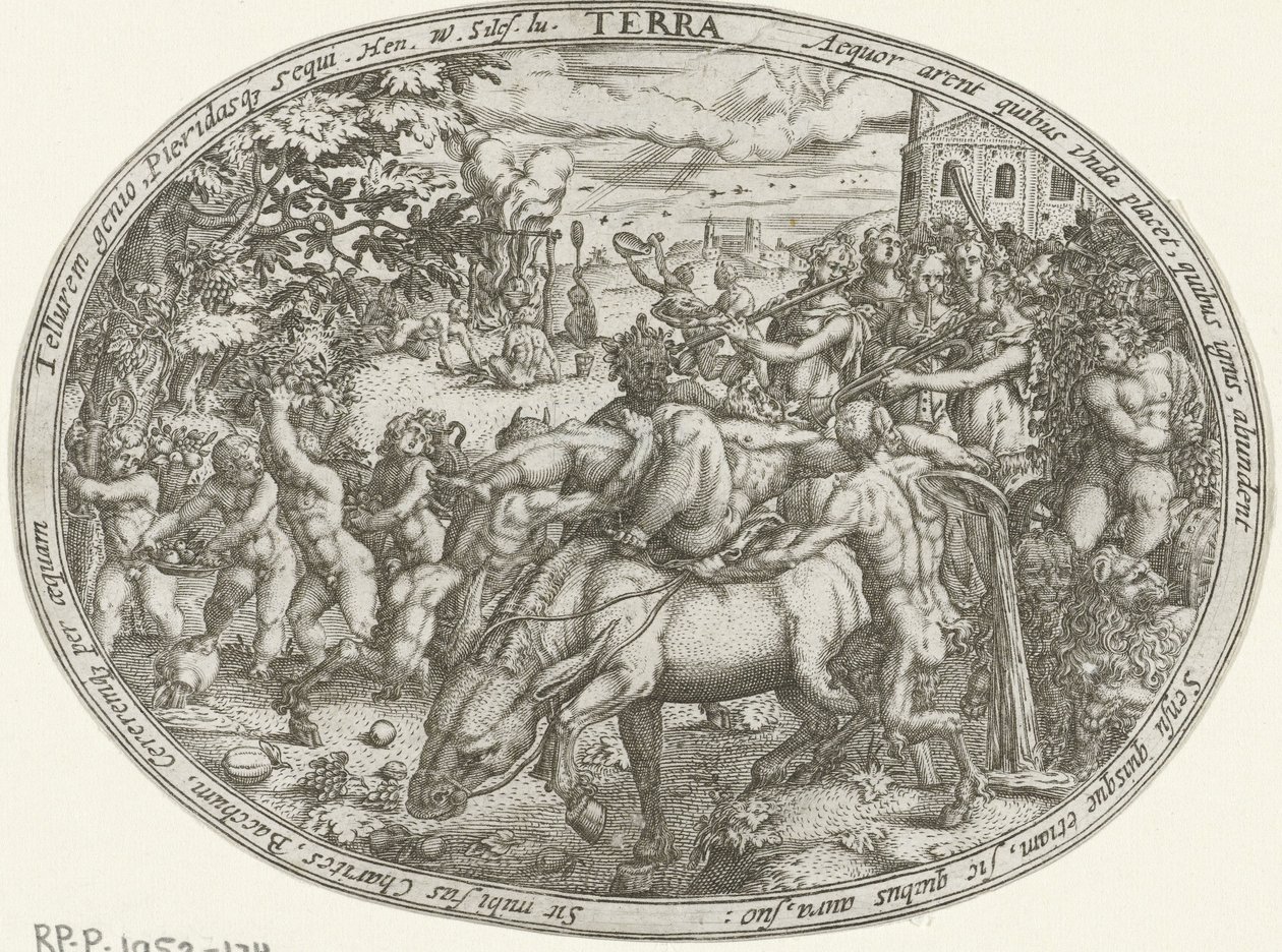 Triumfoptog af Bacchus og Silenus: Elementet Jord Terra (titel på objekt) De fire elementer (serietitel) af Abraham van den Hecken